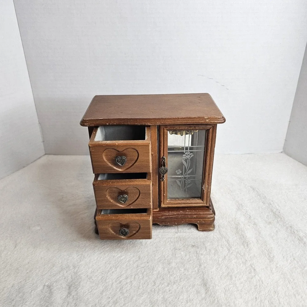 Brown Wood Jewelry Box w/ Glass Door, 3 Drawers, Lined Mirrored Interior